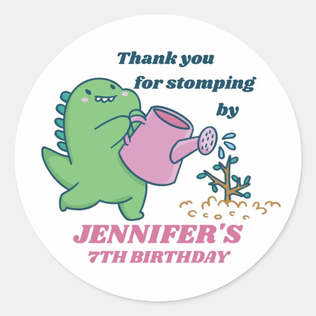 Dinosaur Gardening Cartoon Kids Birthday Party Classic Round Sticker (Front)