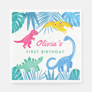 Dinosaur Girl 1st Birthday Colourful Napkin