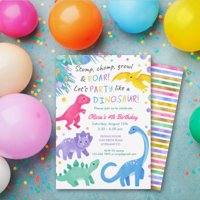 Dinosaur Girl Birthday Invitation Colourful Cute (Creator Uploaded)