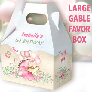 Dinosaur Girl Pastel Pink Green Birthday Large Favor Box
