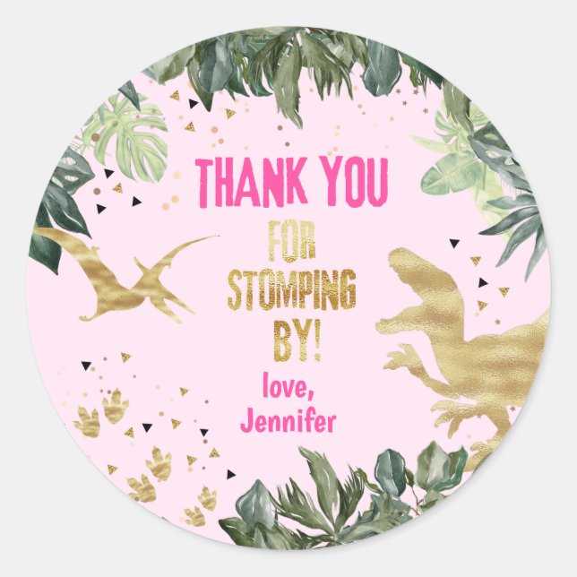 Dinosaur Girl Thank You Stomping By Classic Round Sticker (Front)