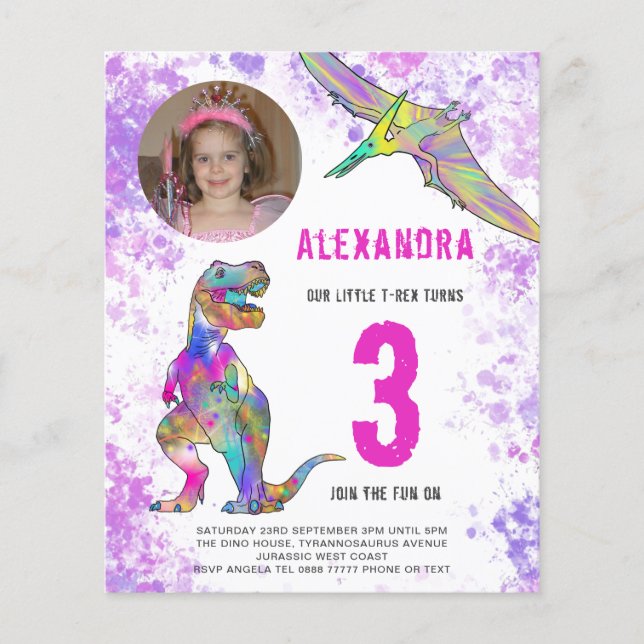 Dinosaur Girls 3rd Birthday Party Photo Budget Flyer (Front)