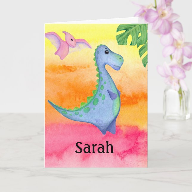 Dinosaur Girl's Name & Age Cute Birthday Card (Orchid)