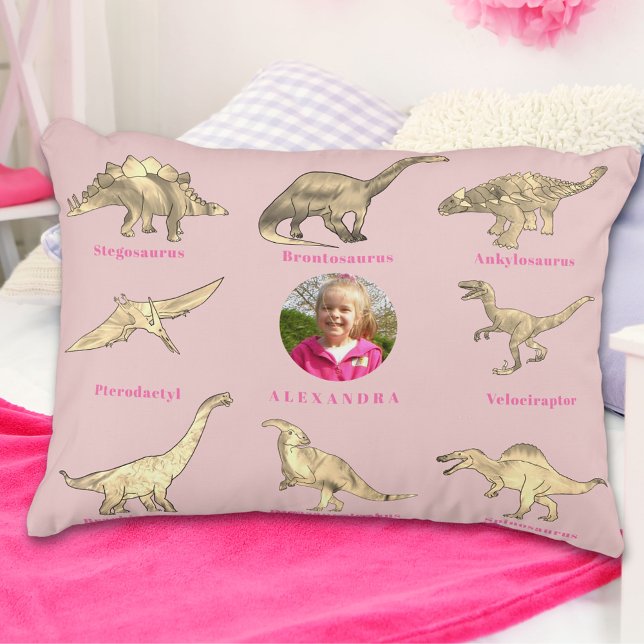 Dinosaur Girls Personalized Name and Photo Pink Accent Pillow (Dinosaur girls personalized name and photo pink pillow Dinos with their names educational kids gift)