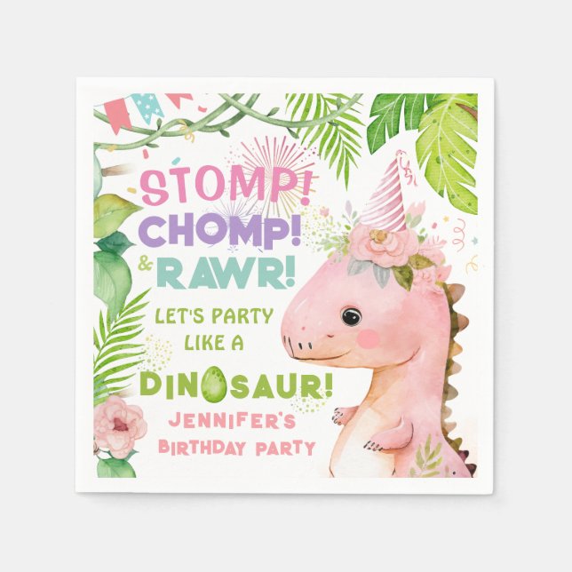 Dinosaur Girls Pink Birthday Party Paper Napkin (Front)