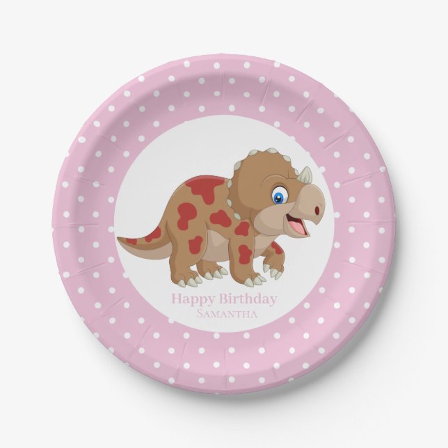 Dinosaur Gold Triceratops  Party  White Dots Paper Plate (Front)