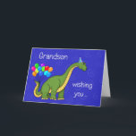 Dinosaur Grandson Birthday Card<br><div class="desc">A BIG birthday wish for Grandson on this card that has a blue background with swirls and a dinosaur with a party on and balloons on his tail with the words "Grandson, wish you ... " and on the inside "a HUGE Happy Birthday."</div>