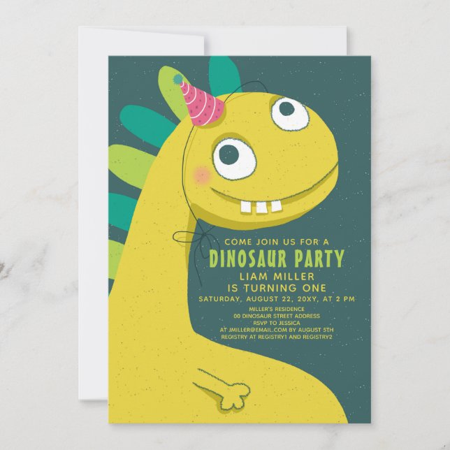 Dinosaur Green Fun Cute Simple Kids 1th Birthday Invitation (Front)