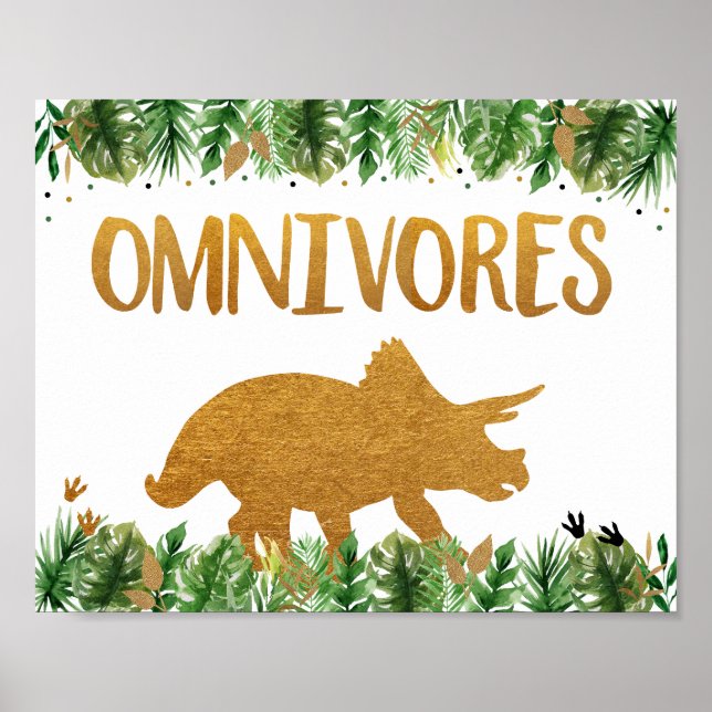 Dinosaur Greenery Gold Omnivores Birthday Sign (Front)