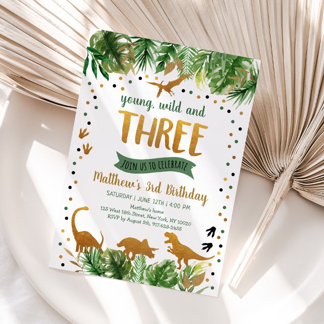 Dinosaur Greenery Gold Third Birthday Invitation (Creator Uploaded)