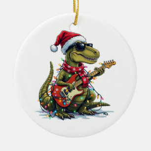 Dinosaur Guitar Player Xmas Ceramic Ornament