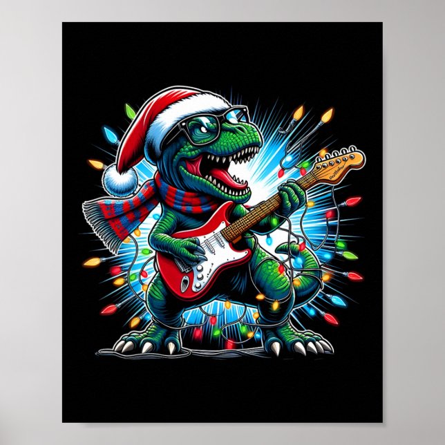 Dinosaur Guitar Player Xmas Funny Trex Dinosaur Ch Poster (Front)