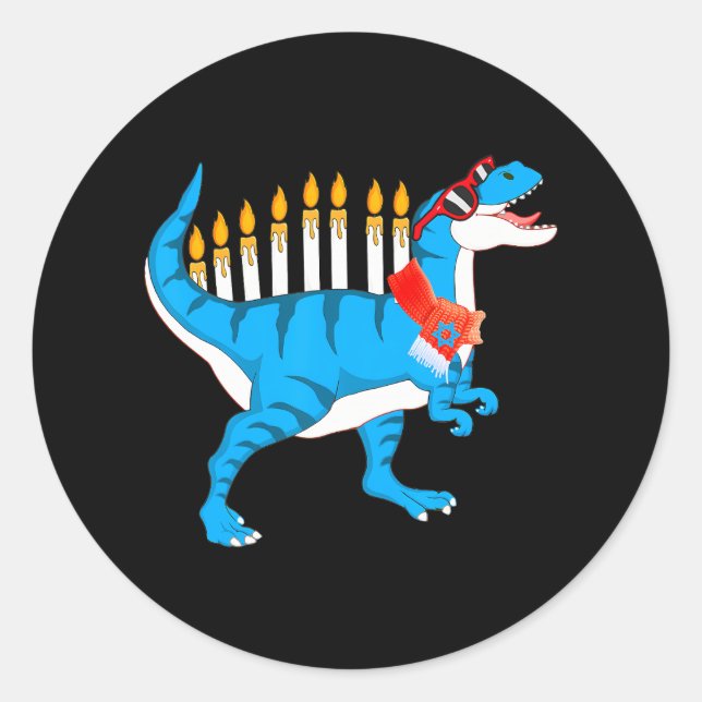 Dinosaur Hanukkah Menorah Jewish Pajama Funny For Classic Round Sticker (Front)