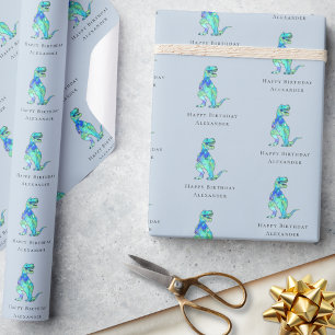Dinosaur Happy Birthday Personalized Boy Blue Wrapping Paper