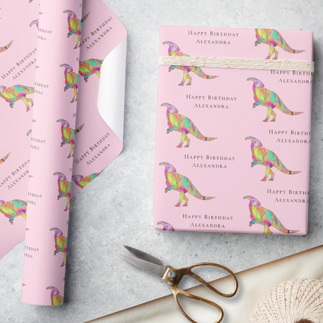 Dinosaur Happy Birthday Personalized Girl Name Wrapping Paper (Cute dinosaur happy birthday personalized girl name pink wrapping paper Parasaurolophus Jurassic )