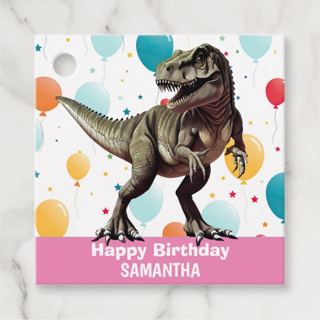 Dinosaur  Happy Birthday Pink Favour Tags (Front)