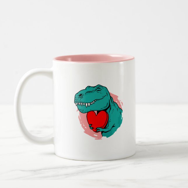 dinosaur happy valentines day Two-Tone coffee mug (Left)