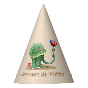 Dinosaur holding a Cluster Birthday Balloons Party Hat