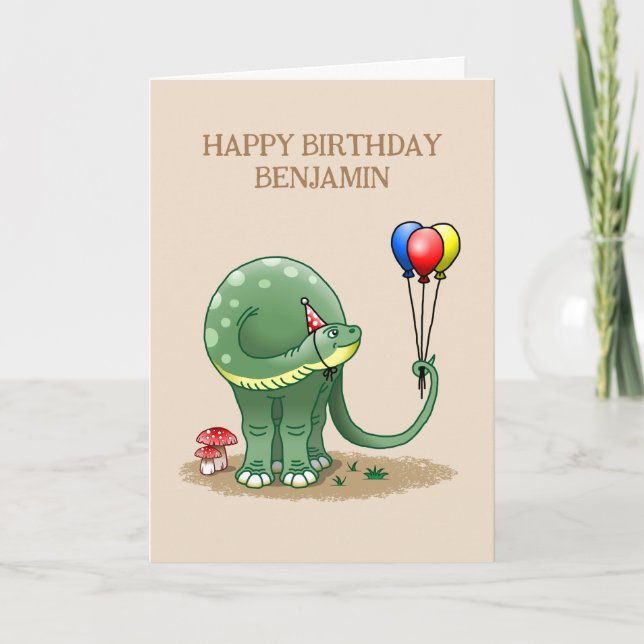 Dinosaur holding Balloons Birthday Card (Front)