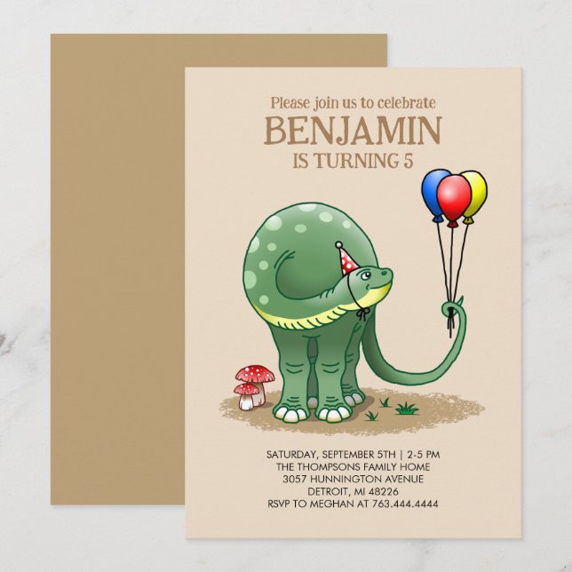 Dinosaur holding Balloons Birthday Invitation (Front/Back)