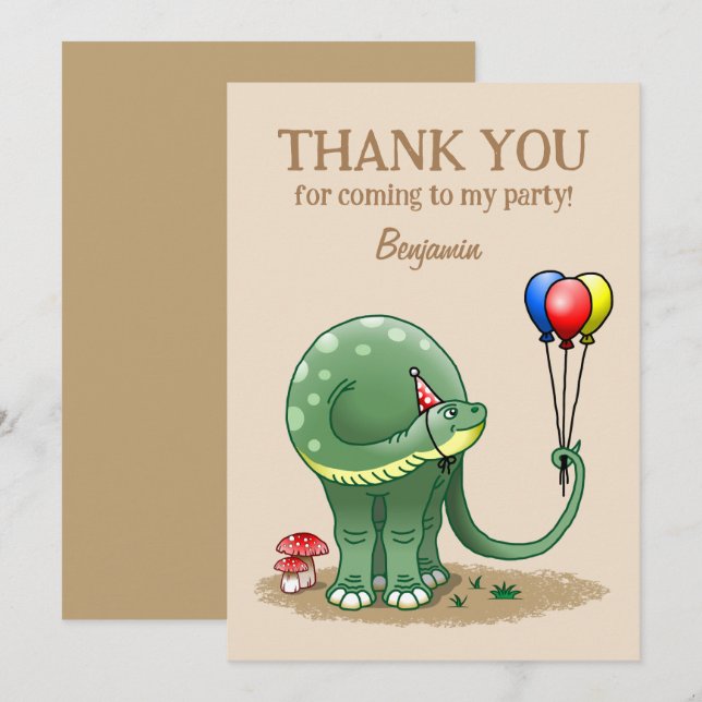 Dinosaur holding Balloons Birthday Thank You Card (Front/Back)