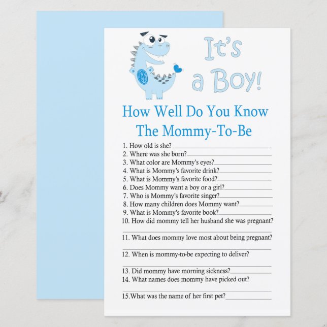 Dinosaur How well do you know baby shower game (Front/Back)