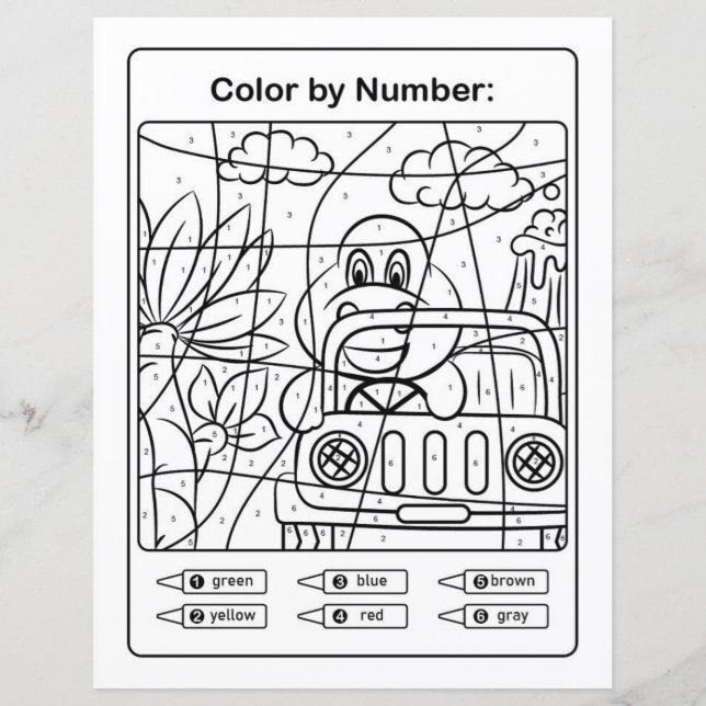 Dinosaur in a car Colouring Page by number (Front)