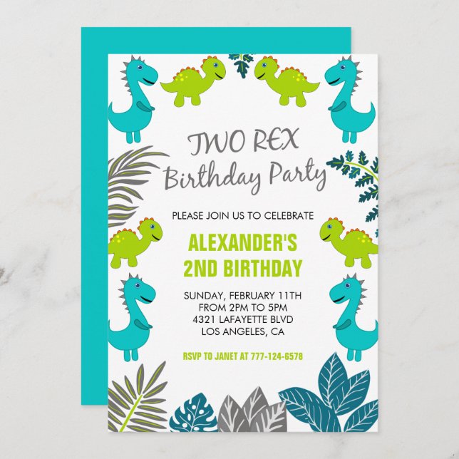 Dinosaur invitation anniversaire deux rex fête jun (Devant / Derrière)