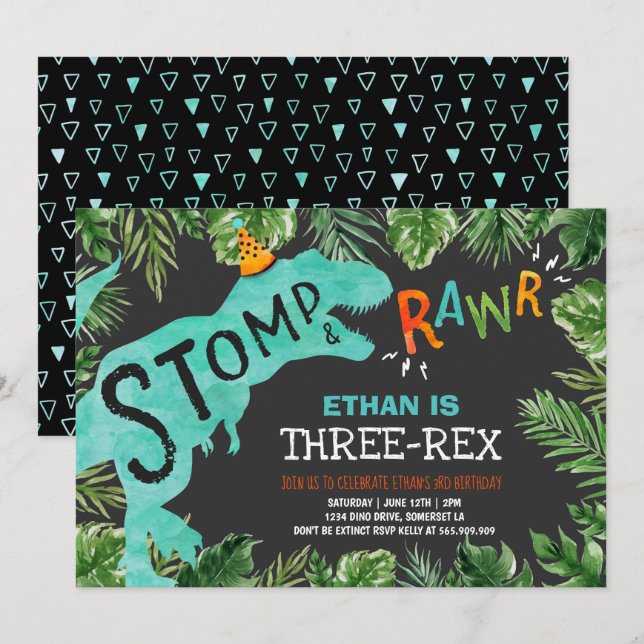 Dinosaur Invitation d'anniversaire à trois rapport (Devant / Derrière)