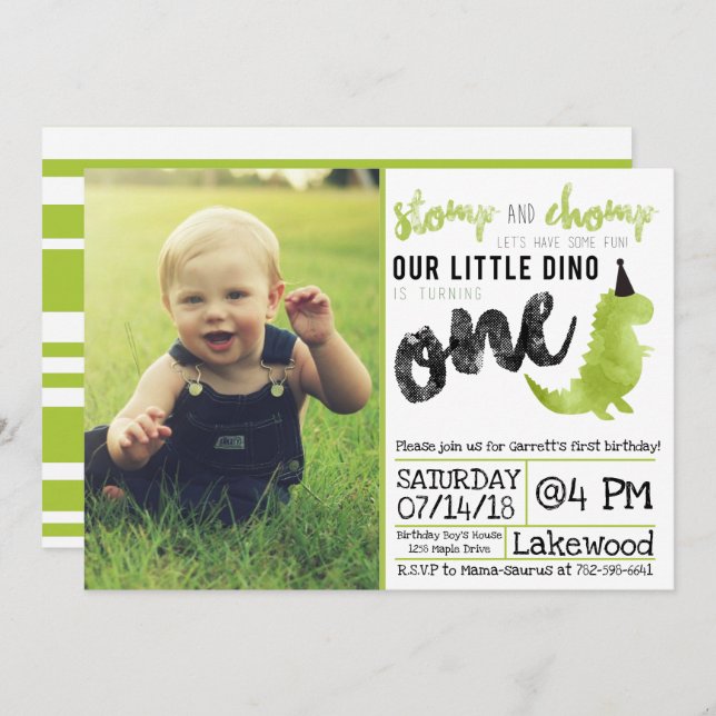 Dinosaur Invitation Stomp and Chomp First Birthday (Front/Back)