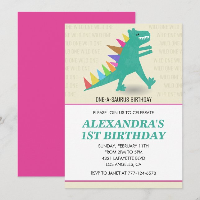 Dinosaur invitations 1er anniversaire Fille rose (Devant / Derrière)