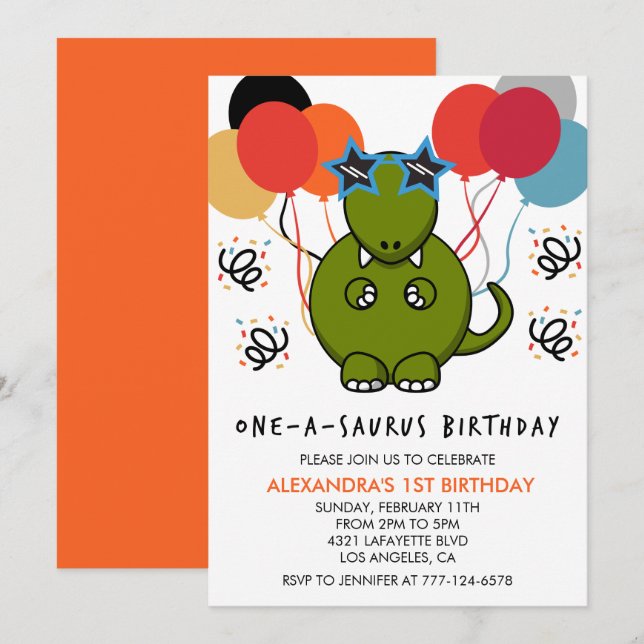 Dinosaur invitations 1er anniversaire Girl Funny d (Devant / Derrière)