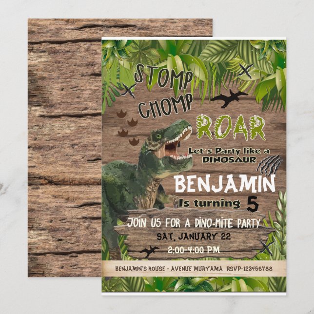 Dinosaur invitations anniversaire, Dinosaur Annive (Devant / Derrière)
