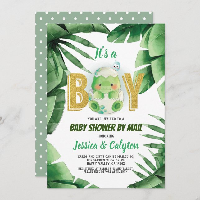 Dinosaur It's a Boy Baby Shower By Mail Invitation (Front/Back)