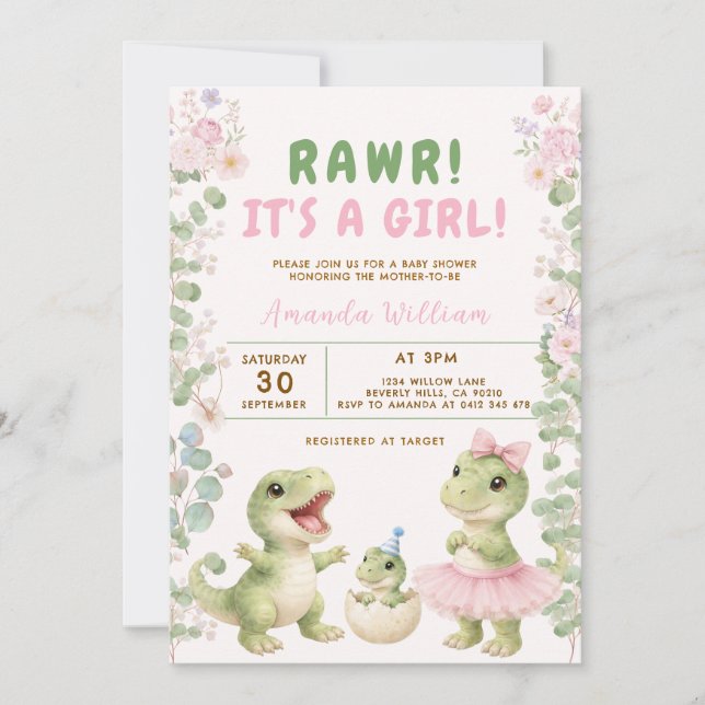 Dinosaur It's a Girl Dinosaur Baby Shower Invitation (Front)