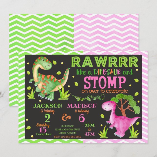 Dinosaur Joint Birthday Invitation for Boy & Girl (Front/Back)