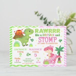 Dinosaur Joint Birthday Invitation for Boy & Girl