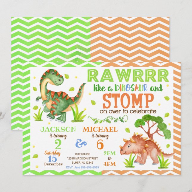 Dinosaur Joint Birthday Invitation for Siblings (Front/Back)