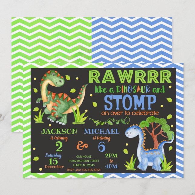 Dinosaur Joint Birthday Invitation for Siblings (Front/Back)