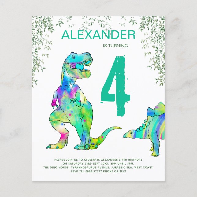 Dinosaur Jungle 4th Birthday Party Budget Flyer (Front)