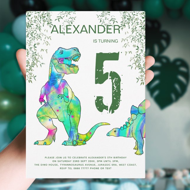 Dinosaur jungle 5th Birthday Party Invitation (Modern Dinosaur jungle 5th birthday party with fun colorful T-Rex and Stegosaurus green blue)