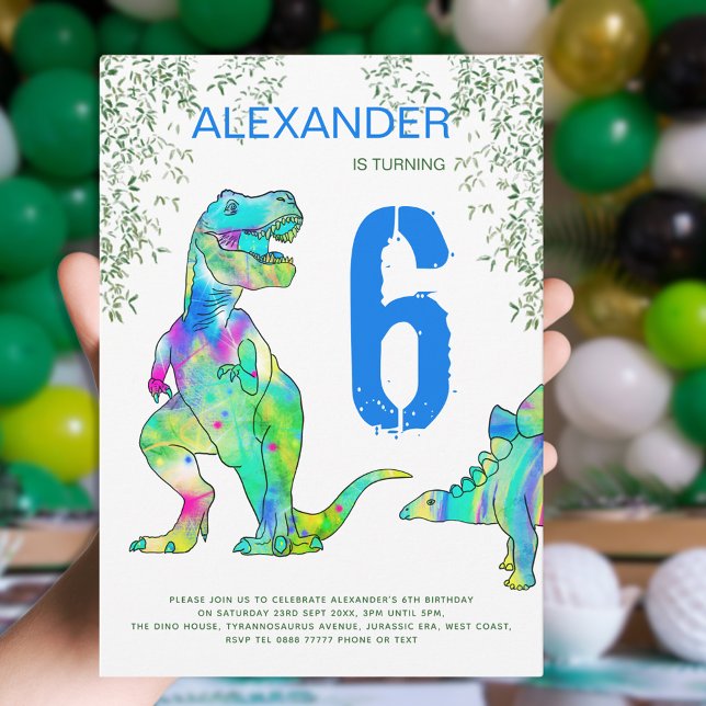 Dinosaur jungle 6th Birthday Party blue Invitation (Colorful dinosaur 6th birthday party with Jurassic jungle foliage and T-Rex and stegosaurus )