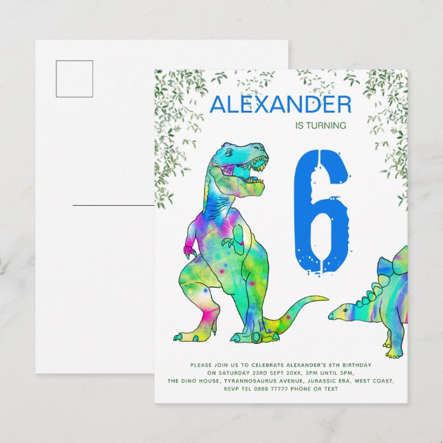 Dinosaur  jungle 6th Birthday Party budget blue Invitation Postcard (Front/Back)