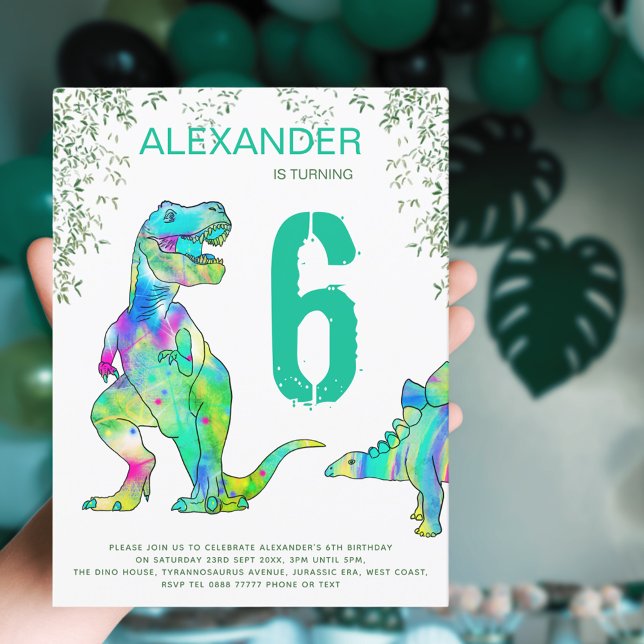 Dinosaur jungle party boys Birthday budget Invitation Postcard (Colorful dinosaur 6th birthday party invitation with T-Rex and Stegosaurus )