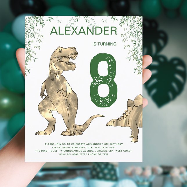 Dinosaur jungle T. rex boys Birthday Party Budget (T-Rex dinosaur jungle 8th birthday party budget invitation brown and green tyrannosaurus stegosaurus)