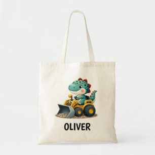 Dinosaur Kid on Yellow Construction Vehicle Tote Bag