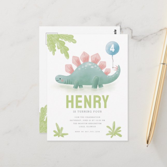 Dinosaur Kid's Birthday Invitation Postcard (Front/Back In Situ)