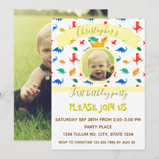 Dinosaur kids birthday party baby boy photo yellow invitation