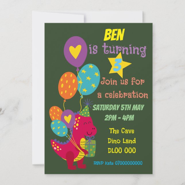 Dinosaur kids party invite (Front)