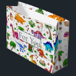 Dinosaur Kids Pattern For You Large Gift Bag<br><div class="desc">Dinosaur Kids Pattern For You Large Gift Bag
A sweet happy Birthday bag personalized gift bag for a person who loves dinosaurs.   Click the "Customize it!" button to change the text size,  text colour,  font style and more!</div>